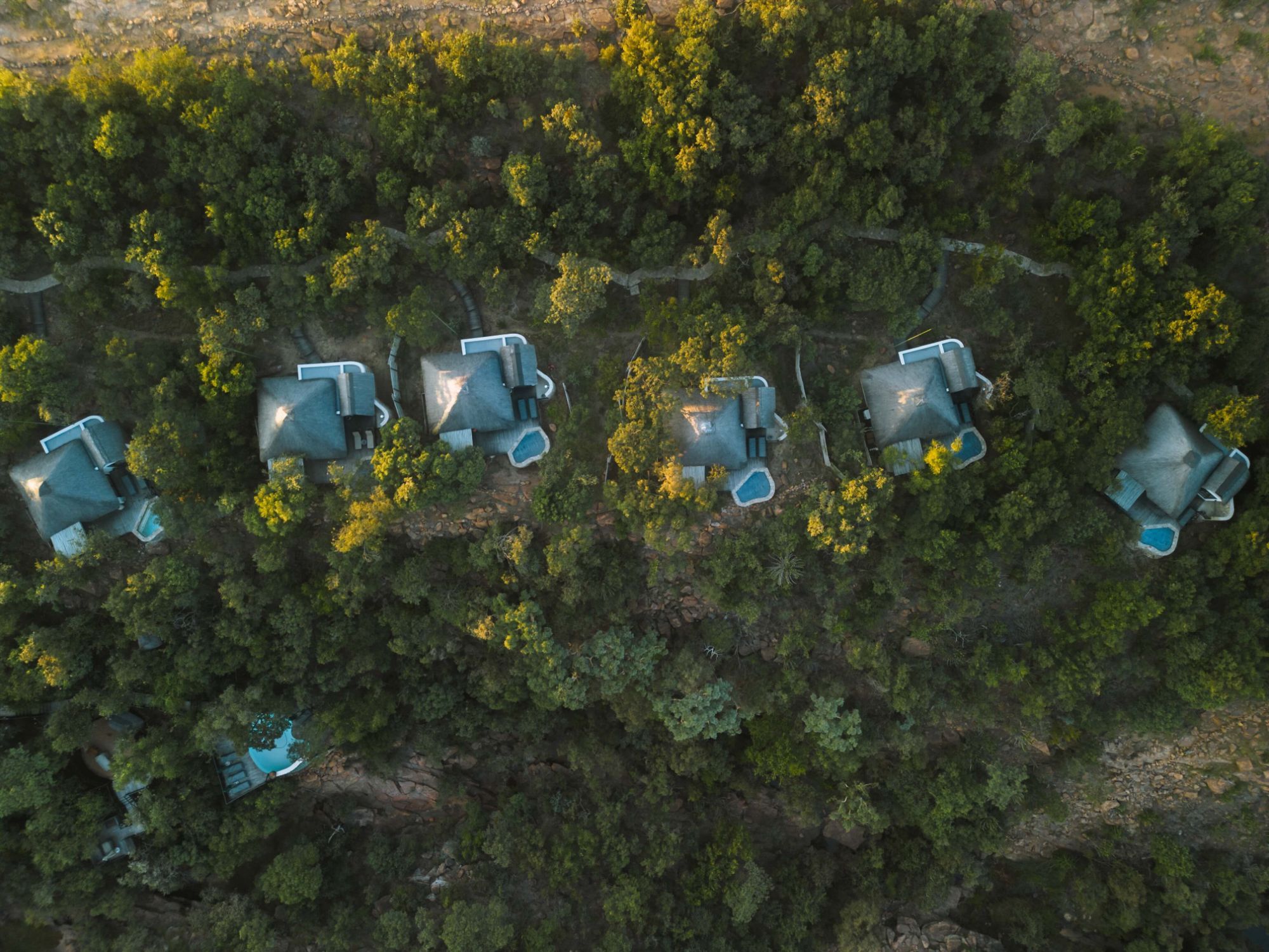 The suites of Laluka Safari Lodge from above, tucked into the bushveld